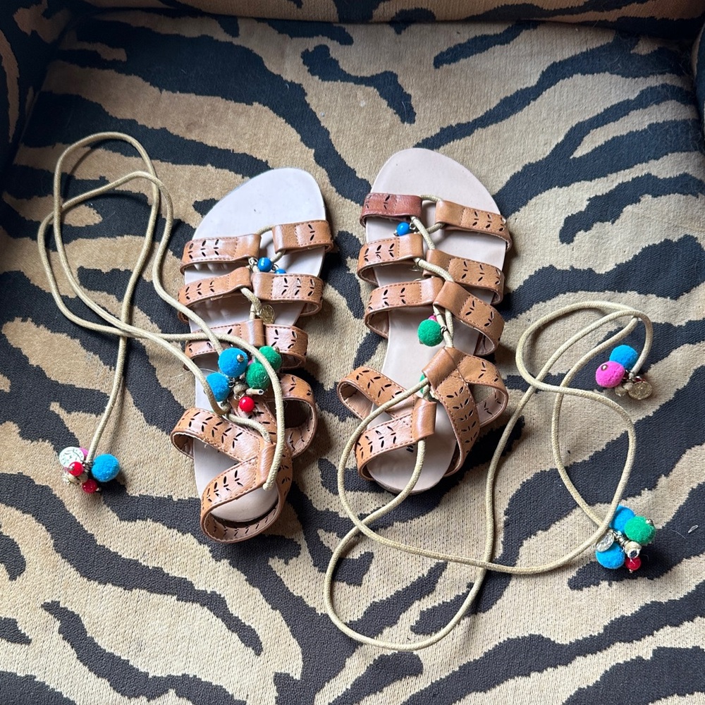 mark. Brown Strappy Sandals with Colorful Pom Poms